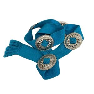 Concho Woven Cotton Belt Womens Blue Silver Boho Hippie Belly Dancer Tie Fringe